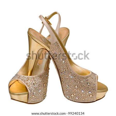 Gold Women'S Shoes Isolated On White Background Stock Photo 99240134 ...