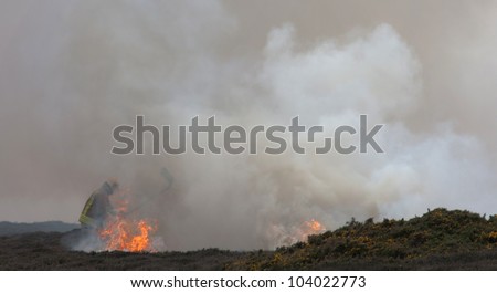 Heath Fire on The Range Isle of Anglesey North Wales being fought by firemen