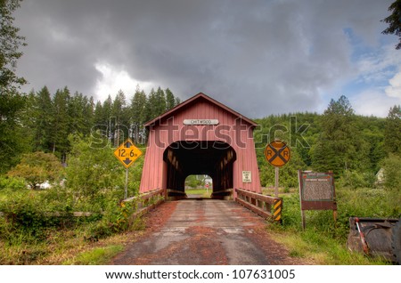 Chitwood red wooden  Covered bridge near Newport Oregon USA America
