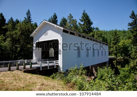 A wooden covered bridge around the Cottage Grove Area of Oregon USA America