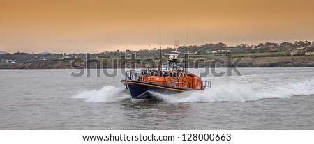 The Molefre Lifeboat out on the ocean Isle of Anglesey North Wales