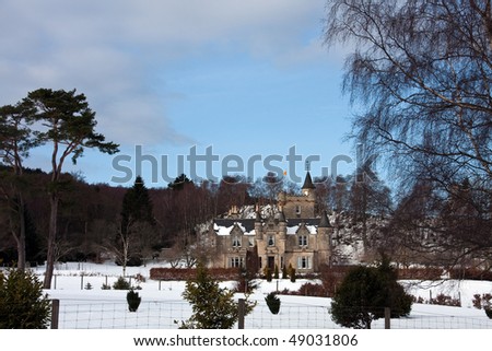 Typical Scottish Castle in Speyside Scottish Highlands in the winter snow