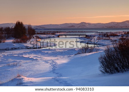 General winter views of Iceland in the Arctic Circle with sunshine