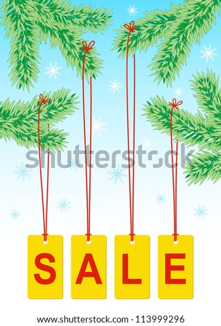 Winter sale / Labels with an inscription are adhered on a fir-tree branch. The different graphics are all on separate layers so they can easily be moved or edited individually.
