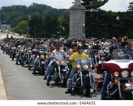 Rolling Thunder motorcycle parade in Washington DC on memorial bridge