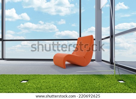 3d render of orange lounge chair stands at large window on top floor of skyscraper