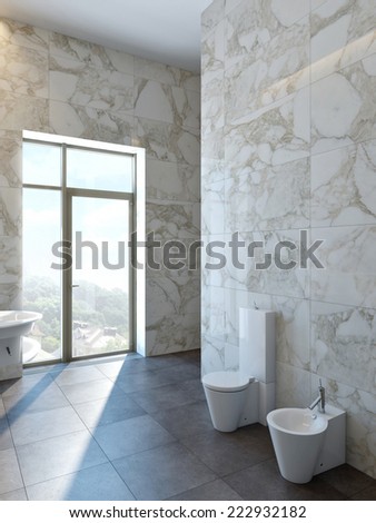 3d interior of luxurious water closet in dark marble tiles