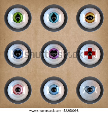 9 fantastic eyes with different contact  lens ( love, sexes, animal symbol). Look other variation in my portfolio