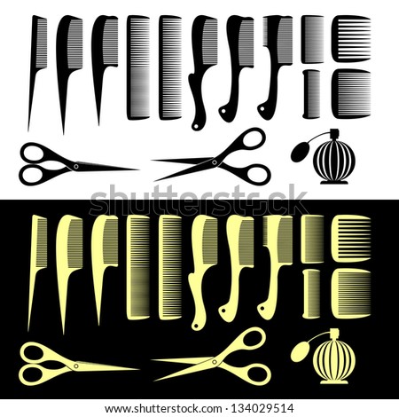 Set of the isolated hairbrushes and scissors. Black set on a white background. Yellow set on a black background. EPS version is available as ID 129634673.