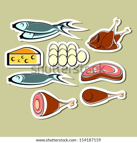 Set of stickers. Cheese, fish, eggs and different meat on a light background. EPS version is available as ID 125890346.