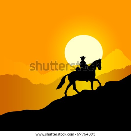 Evening mountain landscape. The lonely horseman against a sunset in mountains.JPEG version is available as ID 68187043.