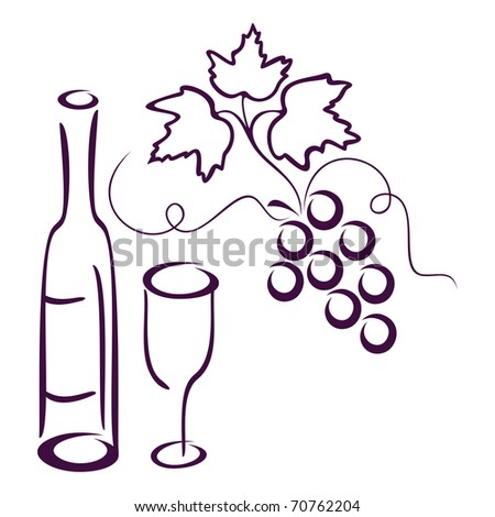 Bottle of wine, glass and cluster of vine on a white background.EPS version is available as ID 68472358.