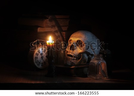 Still life with skull, old books and candle