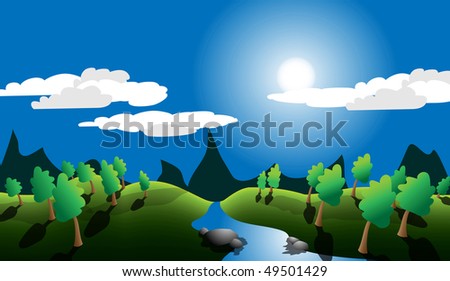 Beautiful sun day. A vector landscape with the river