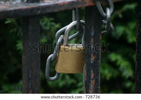 Steel and Brass Padlock and Steel Chain on Old Black Iron Gate