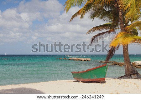 Boat under palm tree. Isla Saona, La Romana, Dominican Republic