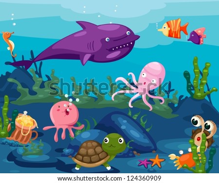 illustration of seascape animals life underwater
