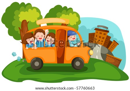 school bus cartoon. cityscape school bus