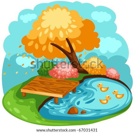 illustration of landscape cartoon ducks in a pond