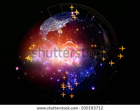 Rendering of city light map (courtesy of NASA), abstract lights and symbols on the subject of global transportation, communication and travel