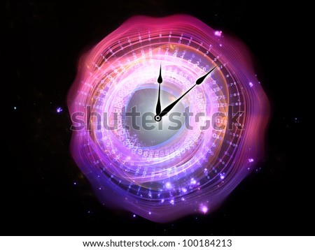 Interplay of clock elements, digits, lights and abstract graphics on the subject of time, digital technology, progress, past, present and future