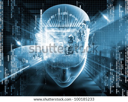 Collage of human head, digits and various abstract elements on the subject of artificial intelligence, modern science, computer technology and human and artificial mind