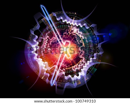 Arrangement of clock hands, gears, lights and abstract design elements on the subject of time sensitive issues, deadlines, scheduling, temporal processes, past, present and future