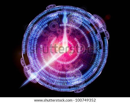 Design composed of clock hands, gears, lights and abstract design elements as a metaphor on the subject of time sensitive issues, deadlines, scheduling, temporal processes, past, present and future