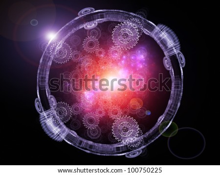 Composition of abstract gears and lights on the subject of technology, processing, work and their internal dynamics