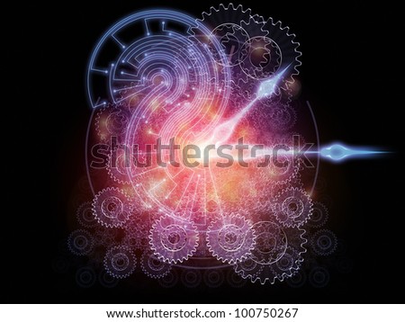 Backdrop composed of clock hands, gears, lights and abstract design elements and suitable for use on time sensitive issues, deadlines, scheduling, temporal processes, past, present and future