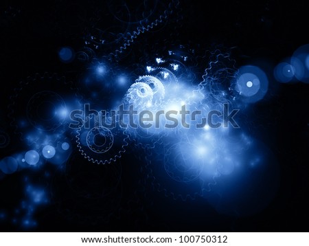 Arrangement of abstract gears and lights on the subject of technology, processing, work and their internal dynamics