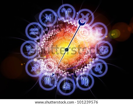 Backdrop composed of Zodiac symbols, gears, lights and abstract design elements and suitable for use on astrology, child birth, fate, destiny, future, prophecy, horoscope and occult beliefs