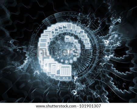Backdrop on the subject of document processing, office paperwork, virtual workspace and cloud networking composed of document icons, lights and abstract design elements