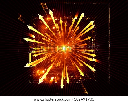 Abstract design made of perspective arrows, geometric grids, lights and fractal nebulae on the subject of new technologies, explosive growth, theoretical physics, geometry and math