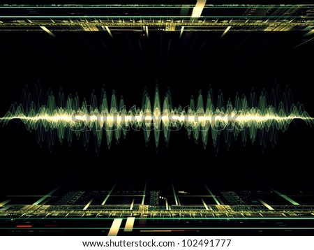 Artistic abstraction on the subject of modern technologies, science of energy, signal processing, music and entertainment composed of fractal grids, lights, mathematical wave and sine patterns