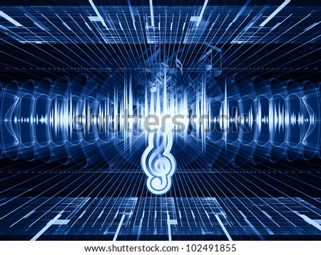 Abstract design made of musical notes, perspective fractal grids, lights, wave and sine patterns on the subject of music, sound equipment and processing, audio performance and entertainment