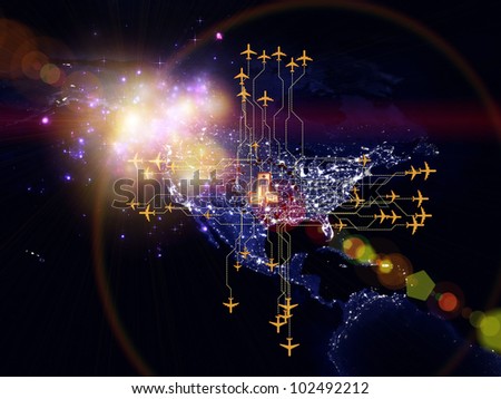 Rendering of city light map (courtesy of NASA), abstract lights and symbols on the subject of global transportation, travel, mail and shipping