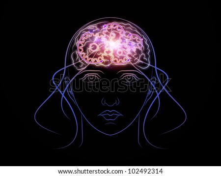 Design composed of head outlines, lights and abstract design elements as a metaphor on the subject of intelligence,  consciousness, logical thinking, mental processes and brain power