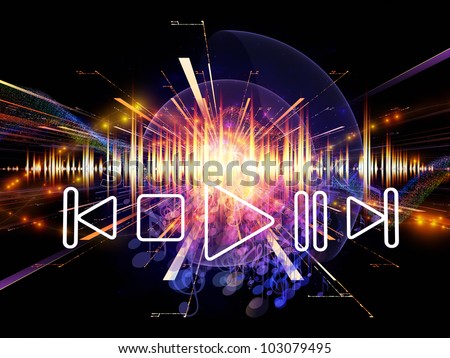 Artistic abstraction on the subject of music, sound equipment and processing, audio performance and entertainment composed of player controls, perspective fractal grids, lights, wave and sine patterns