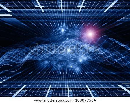 Backdrop composed of perspective fractal grids, lights, mathematical wave and sine patterns and suitable for use on modern technologies, science of energy, signal processing, music and entertainment