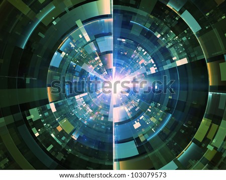 Artistic abstraction on the subject of science, energy, signal processing  and modern technologies composed of lights, fractal concentric grids, technological lines