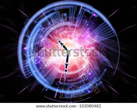 Composition of clock hands, gears, lights and abstract design elements with metaphorical relationship to time sensitive issues, deadlines, scheduling, temporal processes, past, present and future