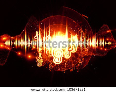 Artistic abstraction on the subject of music, sound equipment and processing, audio performance and entertainment composed of musical notes, lights, wave and sine patterns