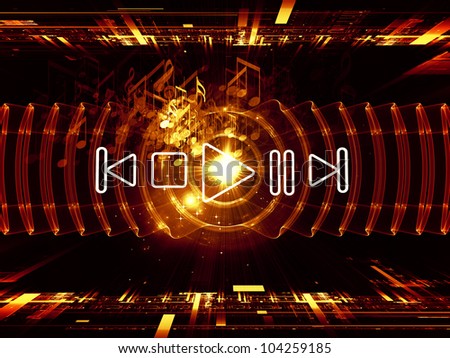Backdrop composed of player controls, perspective fractal grids, lights, wave and sine patterns and suitable for use on music, sound equipment and processing, audio performance and entertainment