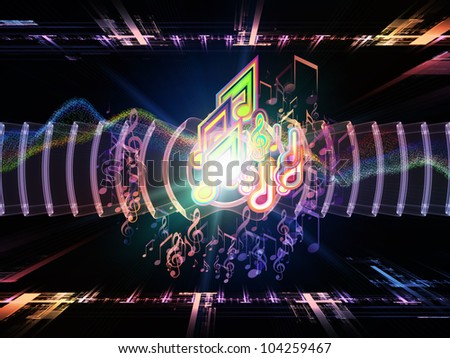 Backdrop composed of musical notes, perspective fractal grids, lights, wave and sine patterns and suitable for use on music, sound equipment and processing, audio performance and entertainment