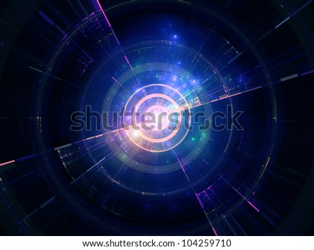 Backdrop on the subject of science, energy, signal processing  and modern technologies composed of lights, fractal concentric grids, technological lines