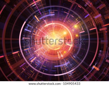 Interplay of lights, fractal concentric grids, technological lines on the subject of science, energy, signal processing  and modern technologies