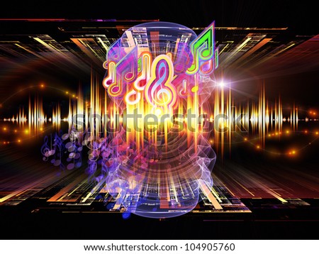 Design composed of musical notes, perspective fractal grids, lights, wave and sine patterns as a metaphor on the subject of music, sound processing, audio performance and entertainment