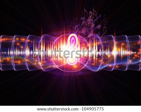 Interplay of musical notes, lights, wave and sine patterns on the subject of music, sound equipment and processing, audio performance and entertainment