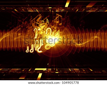 Composition of musical notes, perspective fractal grids, lights, wave and sine patterns with metaphorical relationship to music, sound equipment and processing, audio performance and entertainment